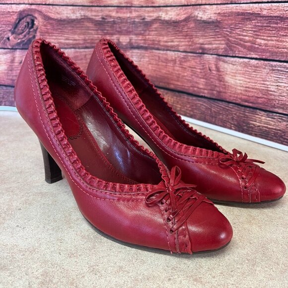 Hilary Radley Shoes - Hilary Radley Red Leather Pumps With Ruffles & Bow